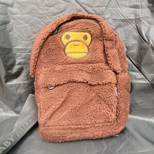Bape Brown Fleece Backpack with Monkey Design